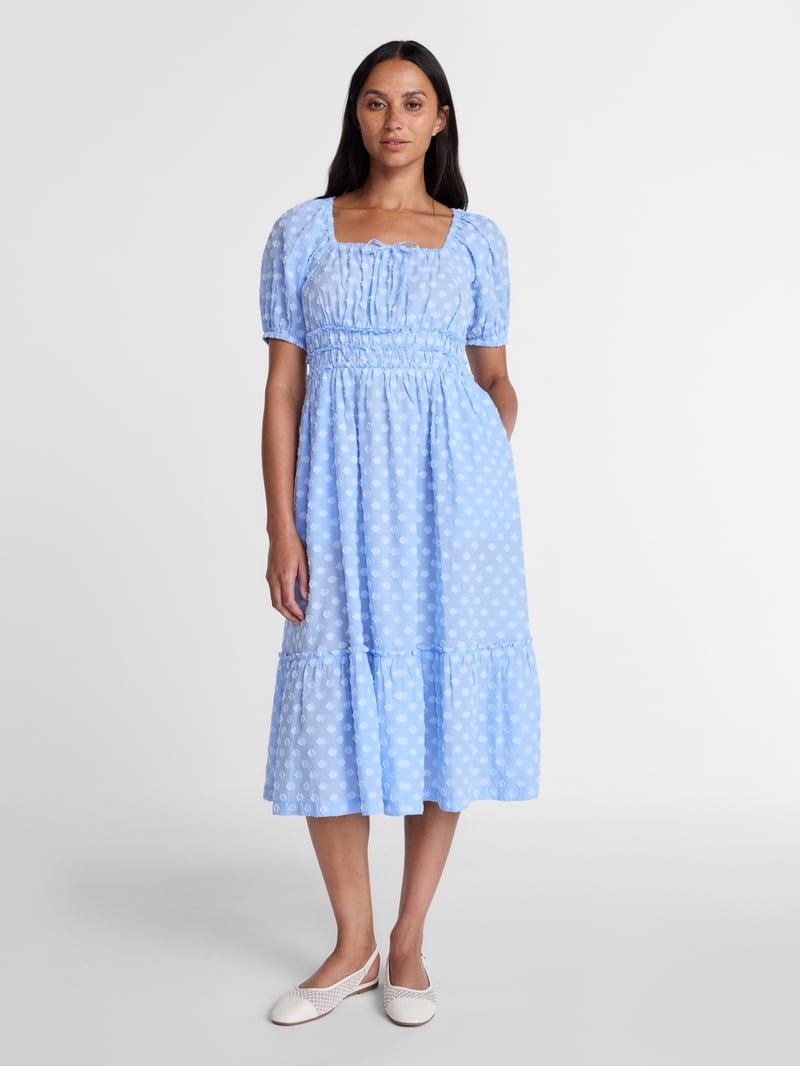 tiered puff sleeve cotton midi dress Off White Tiered Cotton Puff Sleeve Midi Dress