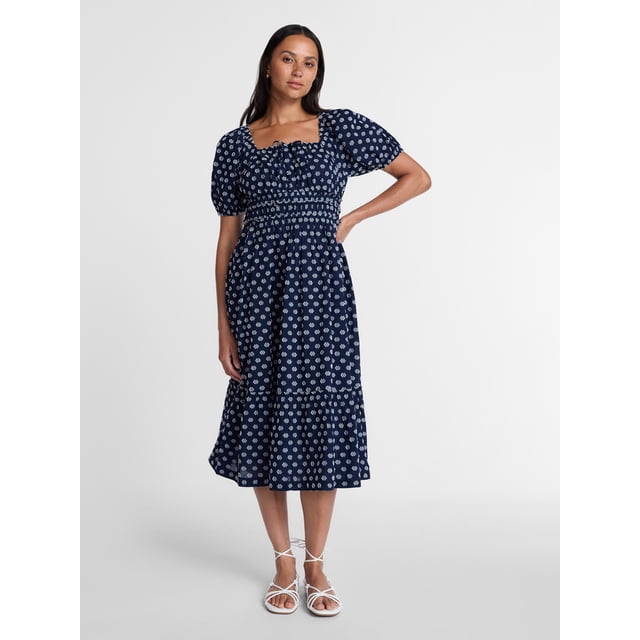 Time and Tru Women's Square Neck Cotton Midi Dress with Puff Sleeves, Sizes XS-XXXL