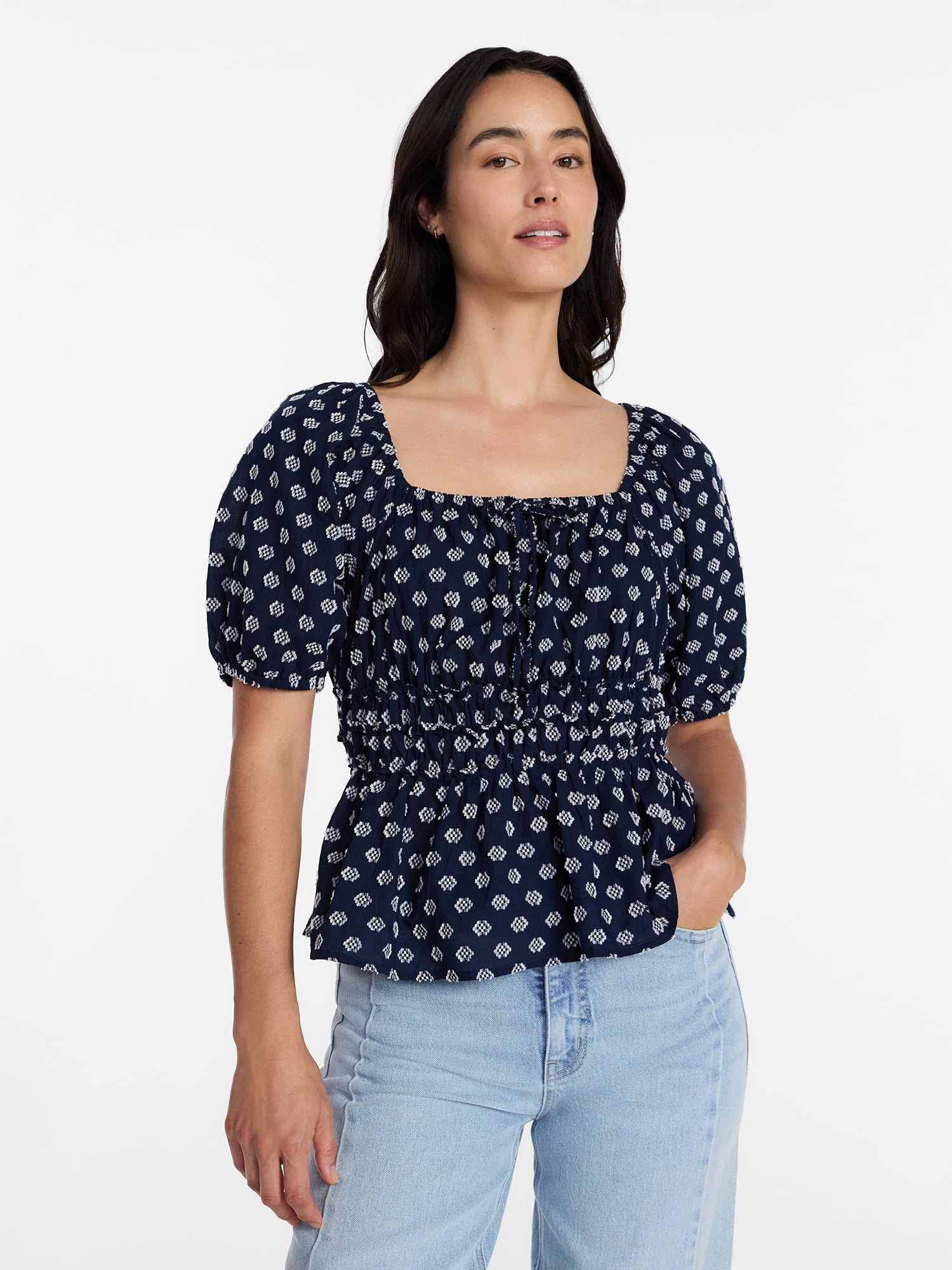 Time and Tru Women's Puff Sleeve Square Neck Top, Sizes XS-XXXL
