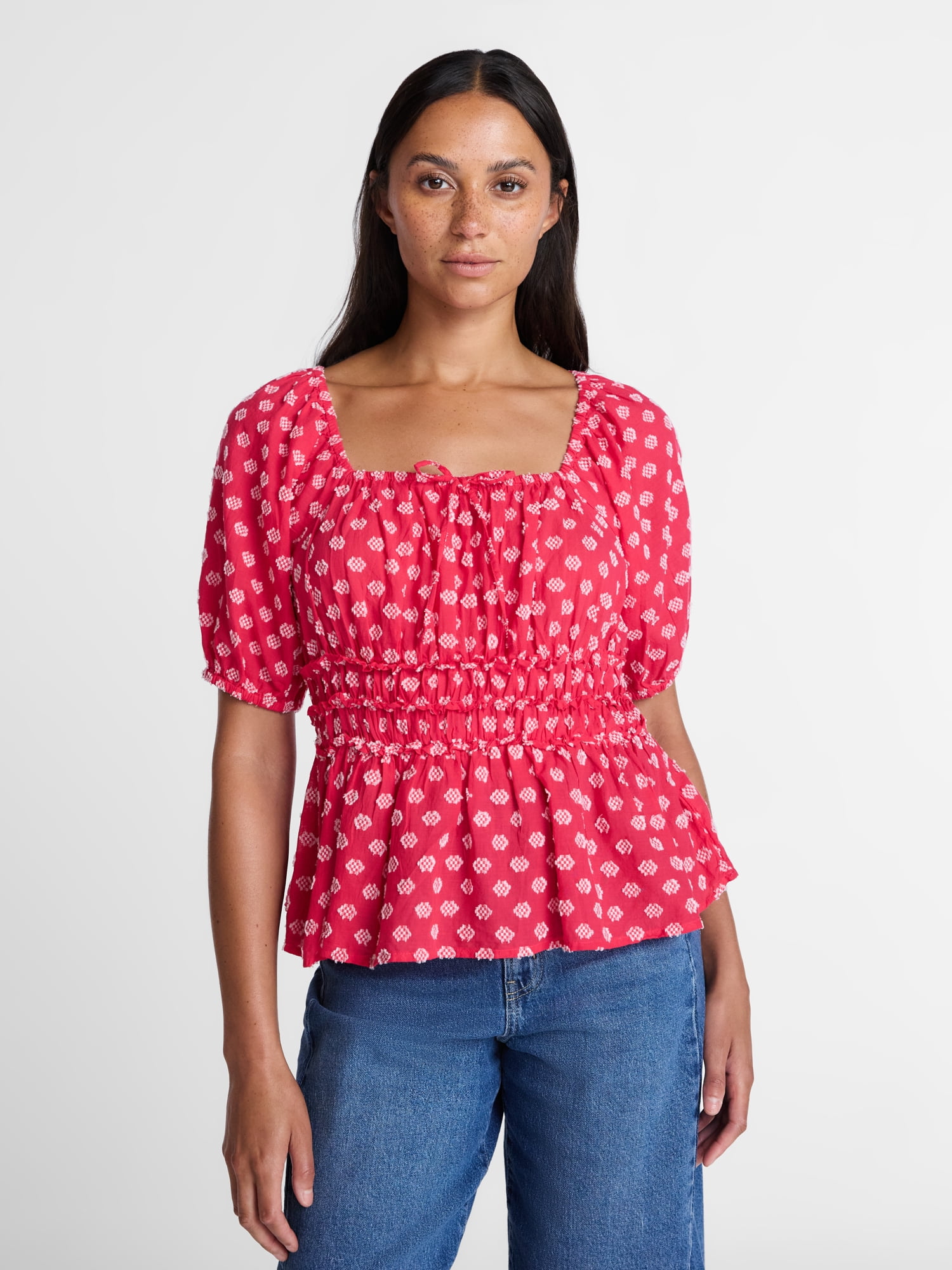 Time and Tru Women's Puff Sleeve Square Neck Top, Sizes XS-XXXL