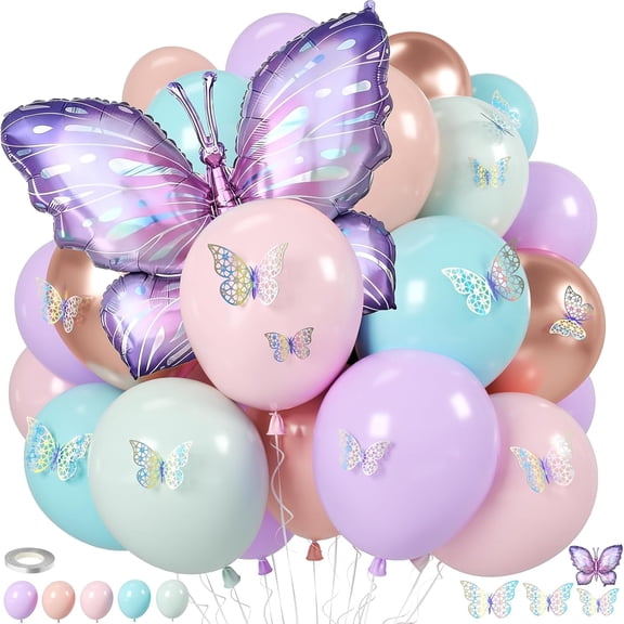 TT-Pastel Balloons,12 Inch Macaron Pink Green Teal Blue Purple Orange Balloons,Colorful Rose Gold Balloon with Butterfly Balloon Decorations for Fairy Themed Birthday Baby Shower Wedding Bridal Party