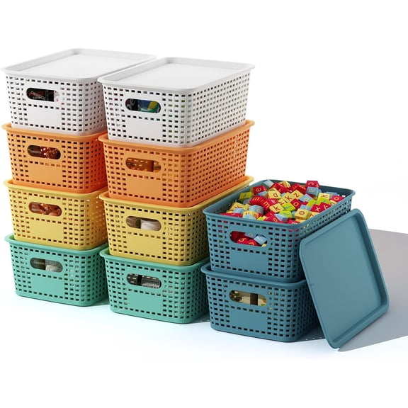 TT-Plastic Storage Basket with Lids 10 Pack Stackable Colorful Storage Bins Containers with Lid, Decorative Storage Boxes for Organizing Shelves, Drawers, Playroom, Classroom, Office, Closet