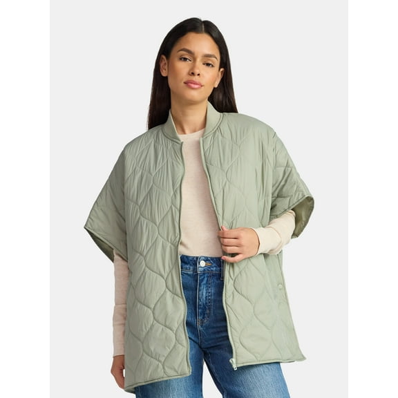 Time and Tru Women's Quilted Puffer, S/M, Green, Nylon