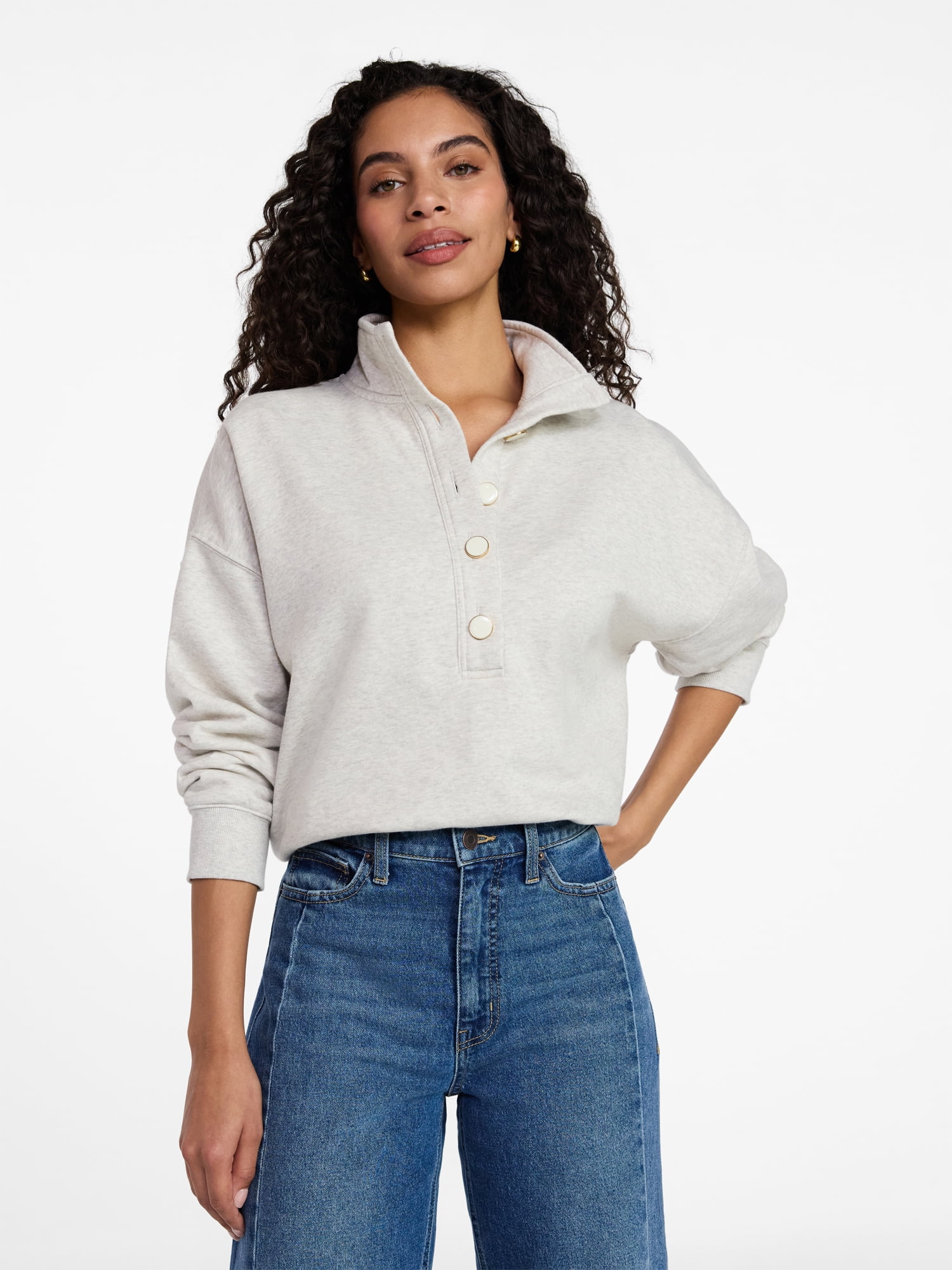 Time and Tru Women's Quarter Button Fleece Top with Long Sleeves, Size XS-XXXL