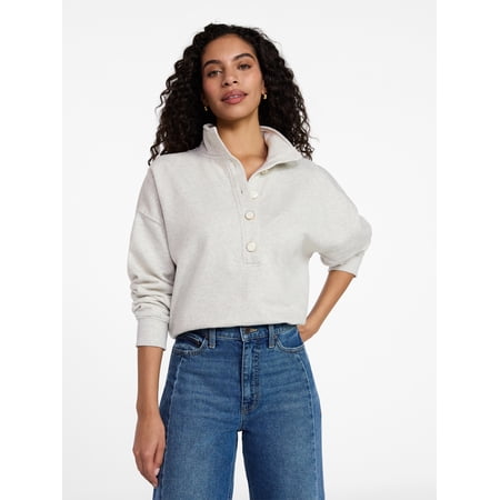 Time and Tru Women's Quarter Button Fleece Top with Long Sleeves, Size XS-XXXL