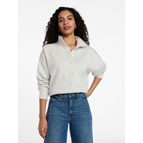 Women's Quarter Button Fleece Top with Long Sleeves, Size XS-XXXL