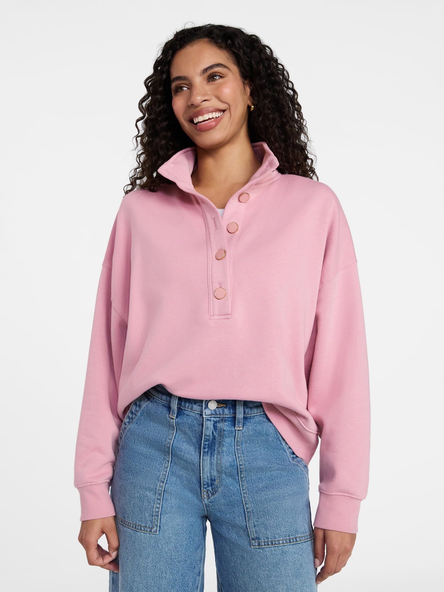 Time and Tru Women's Quarter Button Fleece Top with Long Sleeves, Size XS-XXXL