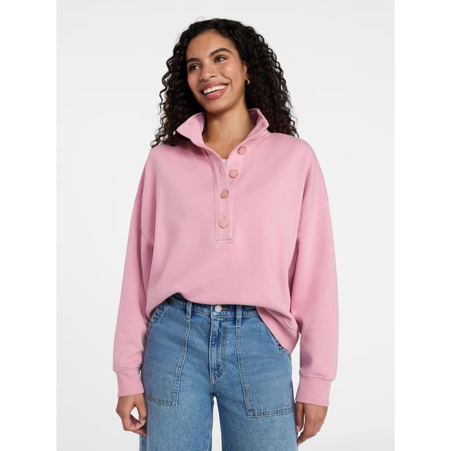Time and Tru Women's Quarter Button Fleece Top with Long Sleeves, Size XS-XXXL