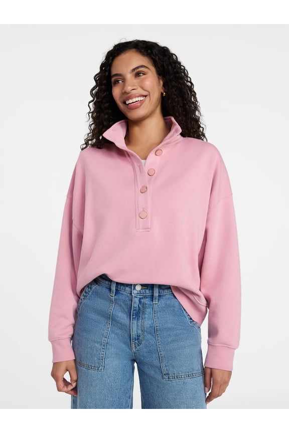 Women's Quarter Button Fleece Top with Long Sleeves, Size XS-XXXL