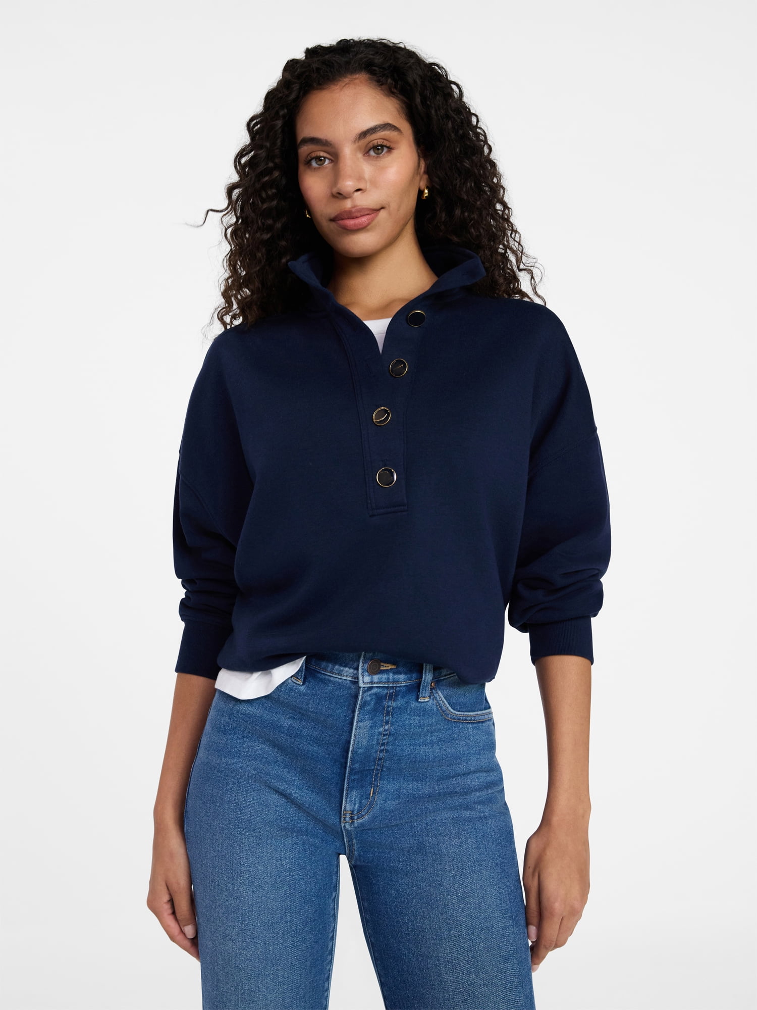Time and Tru Women's Quarter Button Fleece Top with Long Sleeves, Size XS-XXXL