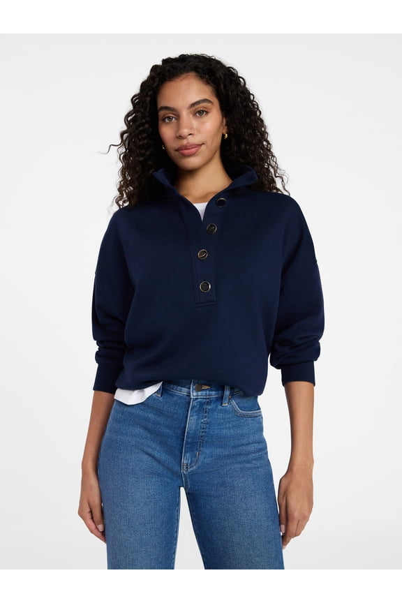 Women's Quarter Button Fleece Top with Long Sleeves, Size XS-XXXL