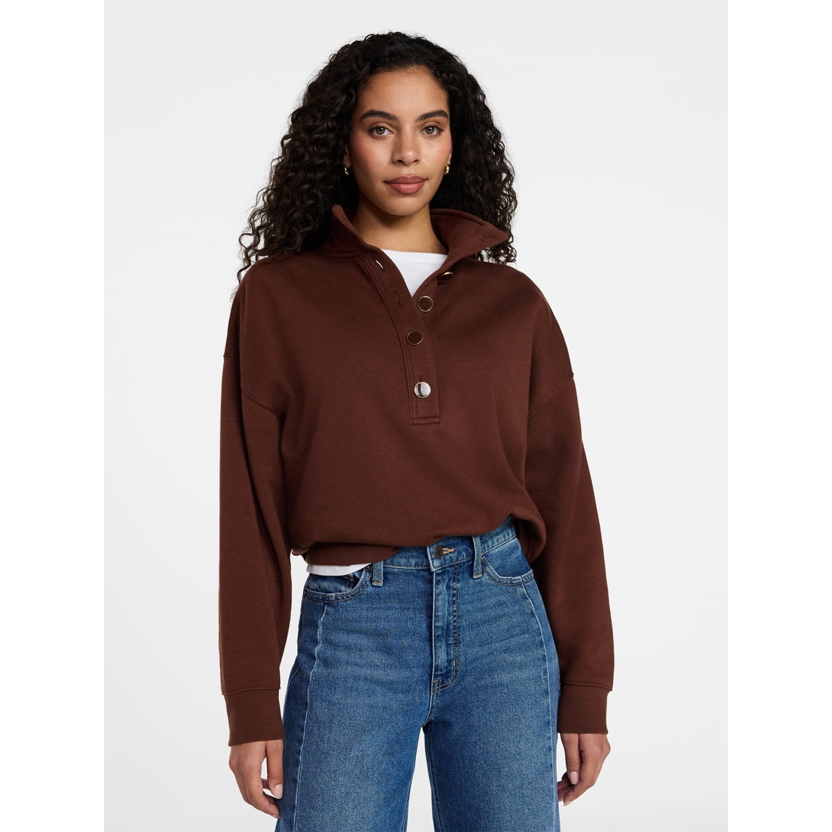 Women's Quarter Button Fleece Top with Long Sleeves, Size XS-XXXL