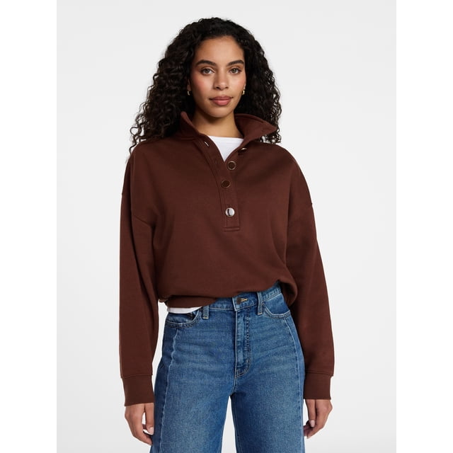 Time and Tru Women's Quarter Button Fleece Top with Long Sleeves, Size XS-XXXL