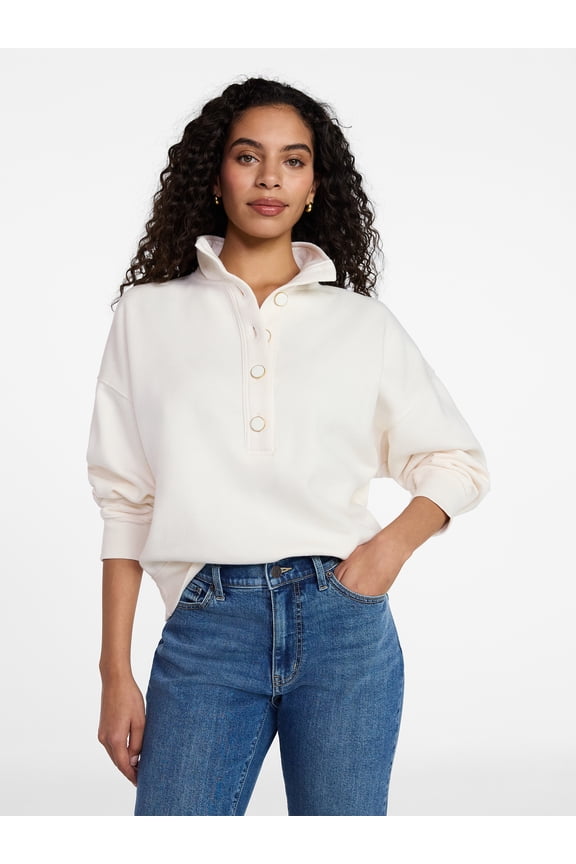 Women's Quarter Button Fleece Top with Long Sleeves, Size XS-XXXL