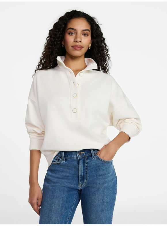 Women's Quarter Button Fleece Top with Long Sleeves, Size XS-XXXL