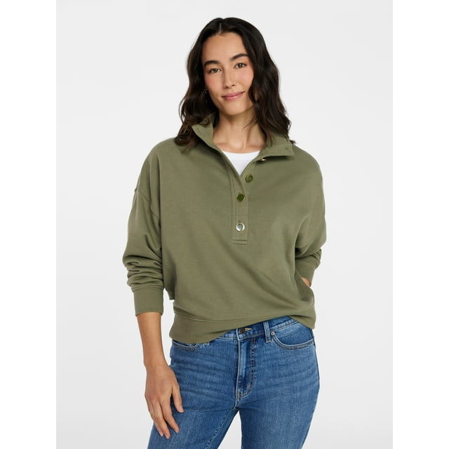 Time and Tru Women's Quarter Button Fleece Top with Long Sleeves, Size XS-XXXL