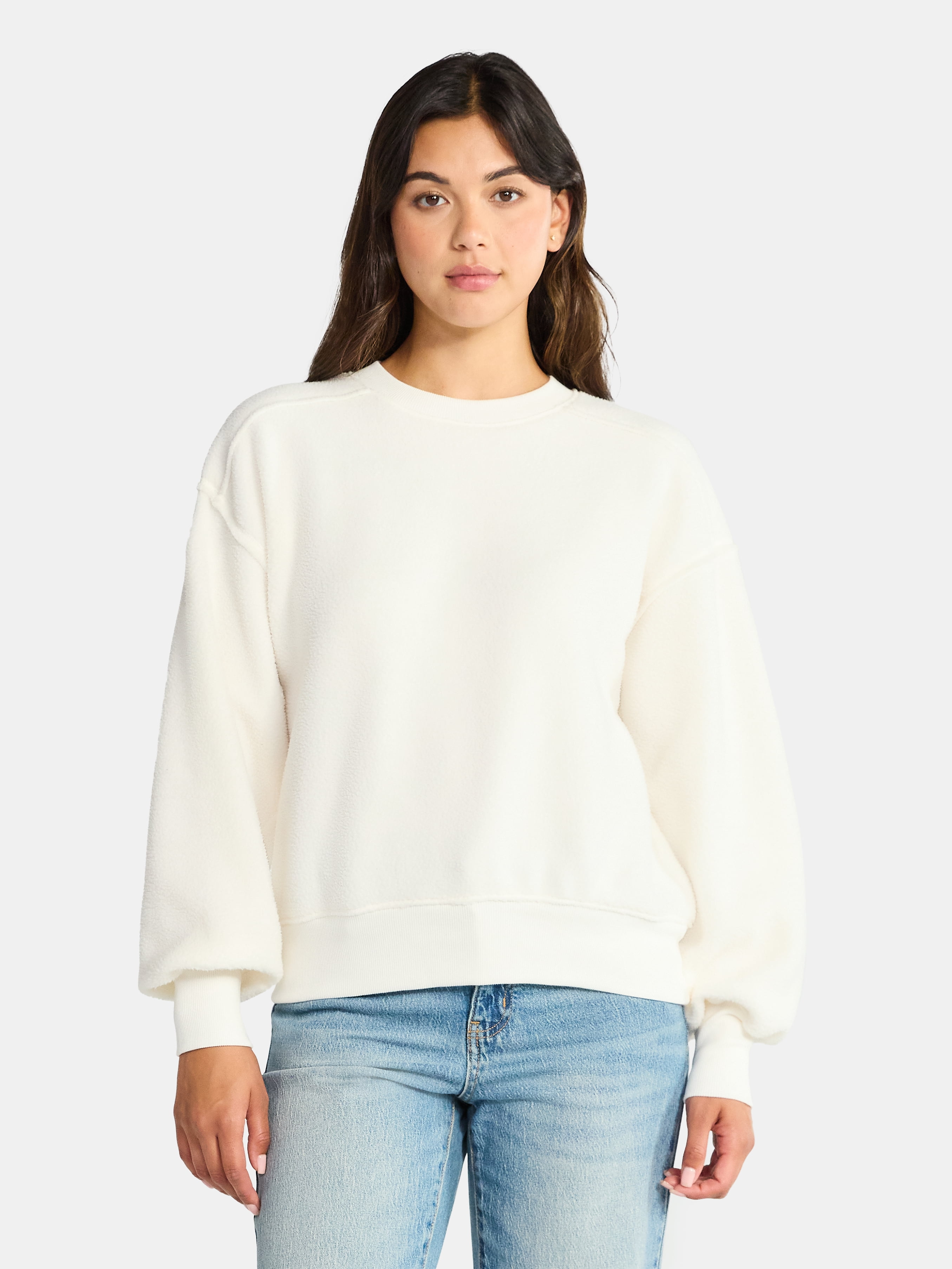 Time and Tru Women's Reverse Fleece Pullover Sweatshirt, XS-XXXL