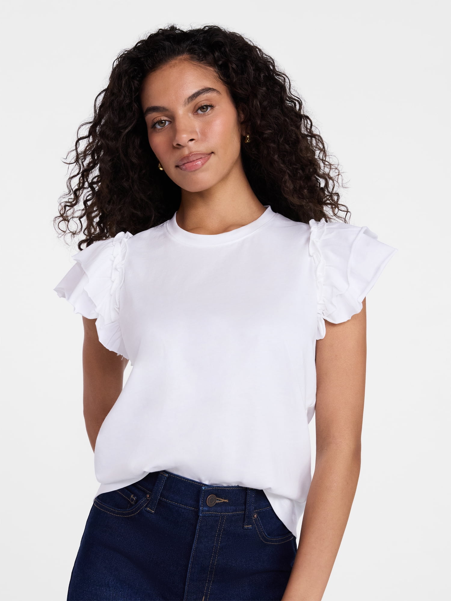 Time and Tru Women's Cotton Crewneck Tee with Ruffle Flutter Sleeves, Sizes XS-XXXL