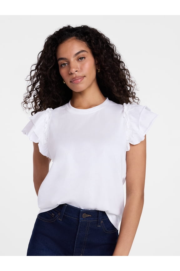 Women's Cotton Crewneck Tee with Ruffle Flutter Sleeves, Sizes XS-XXXL