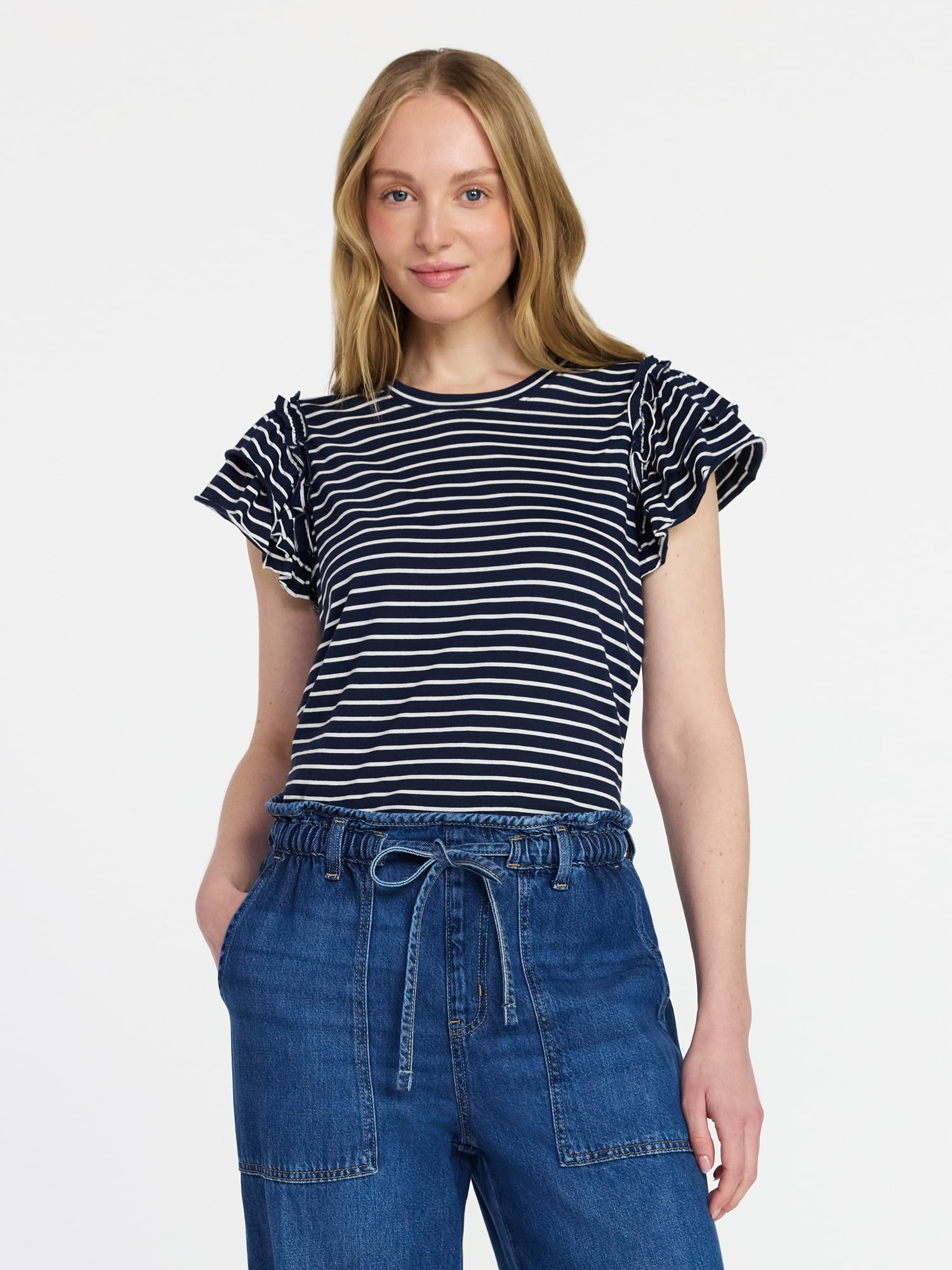 Time and Tru Women's Cotton Crewneck Tee with Ruffle Flutter Sleeves, Sizes XS-XXXL