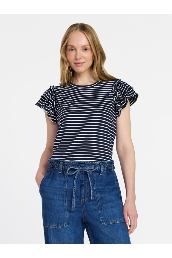 Women's Cotton Crewneck Tee with Ruffle Flutter Sleeves, Sizes XS-XXXL