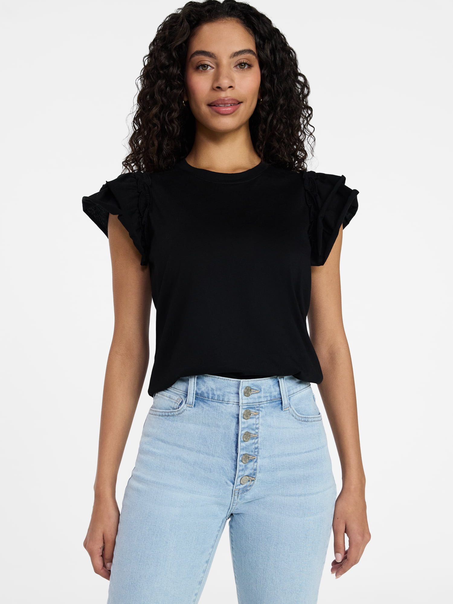 Time and Tru Women's Cotton Crewneck Tee with Ruffle Flutter Sleeves, Sizes XS-XXXL