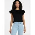 thumbnail image 1 of Time and Tru Women's Cotton Crewneck Tee with Ruffle Flutter Sleeves, Sizes XS-XXXL, 1 of 5