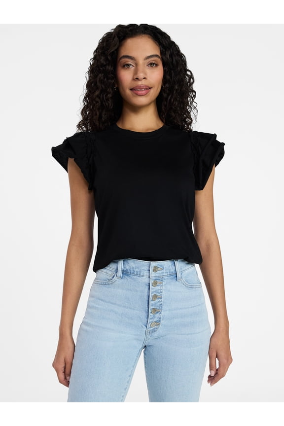 Women's Cotton Crewneck Tee with Ruffle Flutter Sleeves, Sizes XS-XXXL