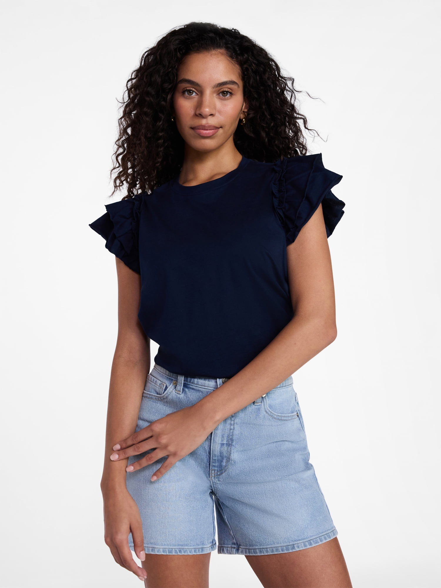 Time and Tru Women's Cotton Crewneck Tee with Ruffle Flutter Sleeves, Sizes XS-XXXL