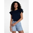 thumbnail image 1 of Time and Tru Women's Cotton Crewneck Tee with Ruffle Flutter Sleeves, Sizes XS-XXXL, 1 of 5