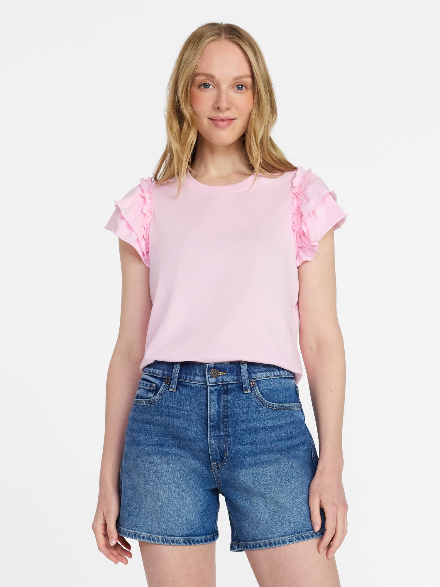 Time and Tru Women's Cotton Crewneck Tee with Ruffle Flutter Sleeves, Sizes XS-XXXL