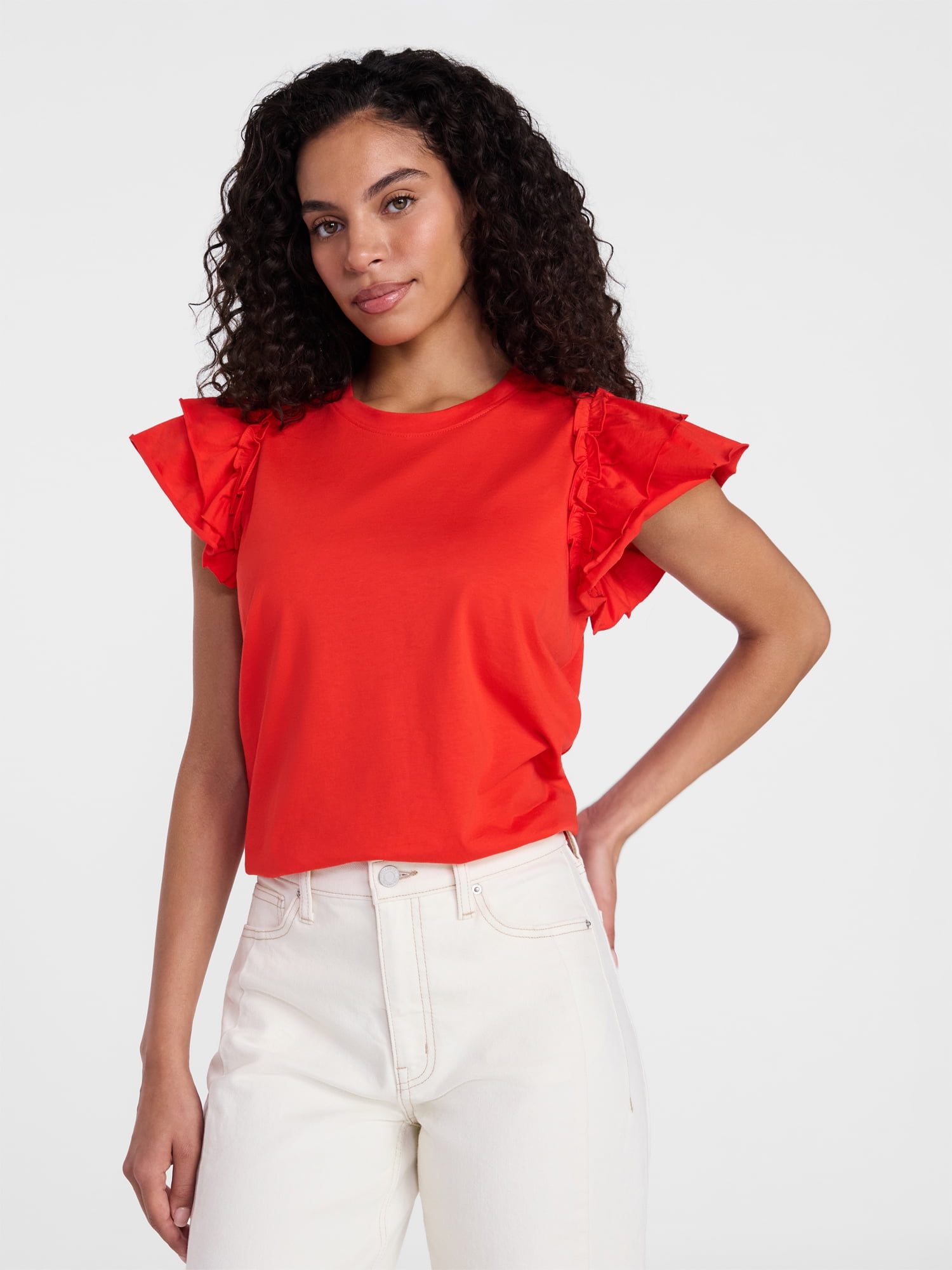 Time and Tru Women's Cotton Crewneck Tee with Ruffle Flutter Sleeves, Sizes XS-XXXL
