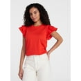 thumbnail image 1 of Time and Tru Women's Cotton Crewneck Tee with Ruffle Flutter Sleeves, Sizes XS-XXXL, 1 of 5