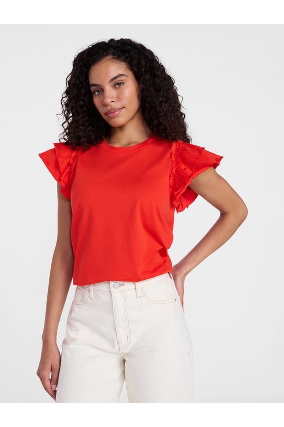 Women's Cotton Crewneck Tee with Ruffle Flutter Sleeves, Sizes XS-XXXL