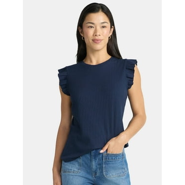 Time and Tru Women's Rib Ruffle Sleeve Top, Sizes XS-XXXL