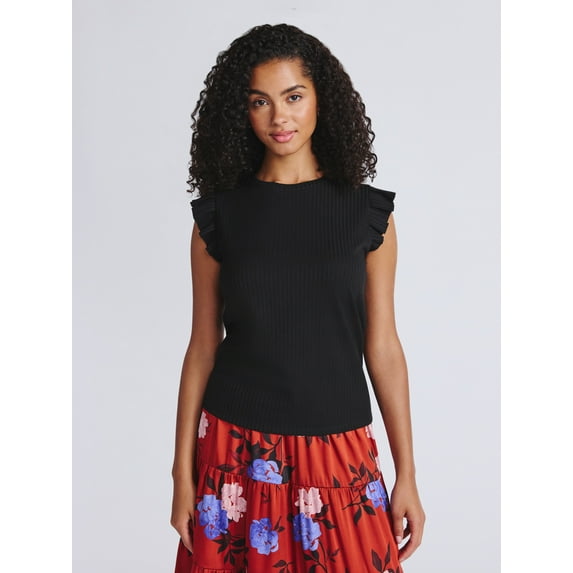 Time and Tru Women's Rib Ruffle Sleeve Top, Sizes XS-XXXL