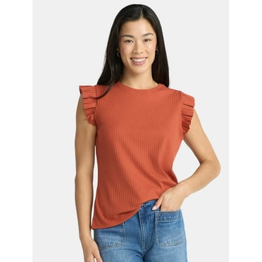 Time and Tru Women's Rib Ruffle Sleeve Top, Sizes XS-XXXL