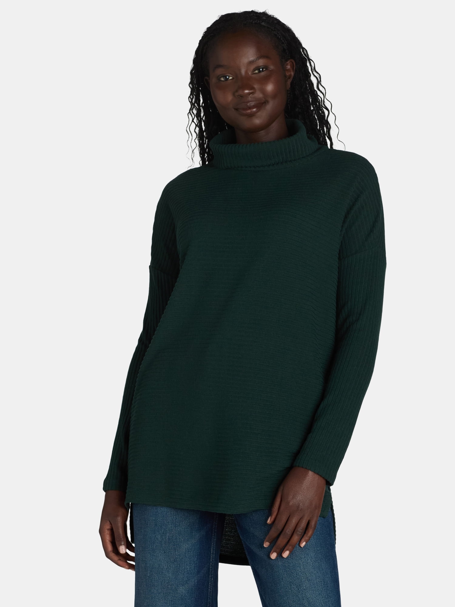 Time and Tru Women's Rib Roll Neck Tunic, Size S-XXXL
