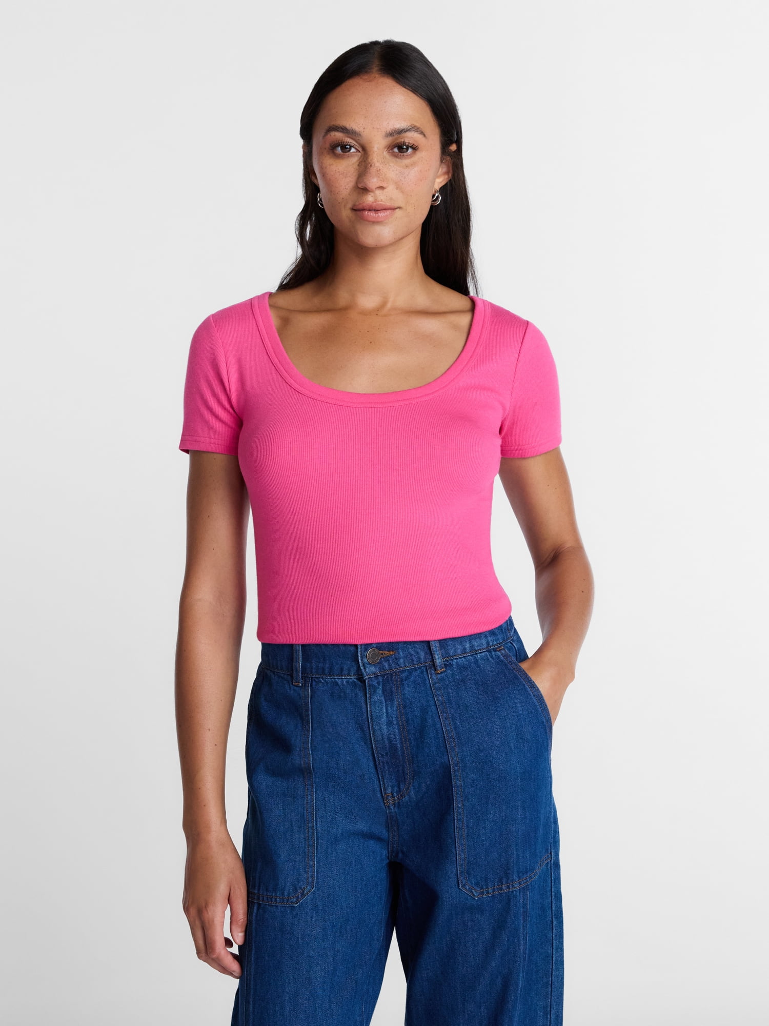 Time and Tru Women's Ribbed Scoop Neck Tee with Short Sleeves, Sizes XS-XXXL