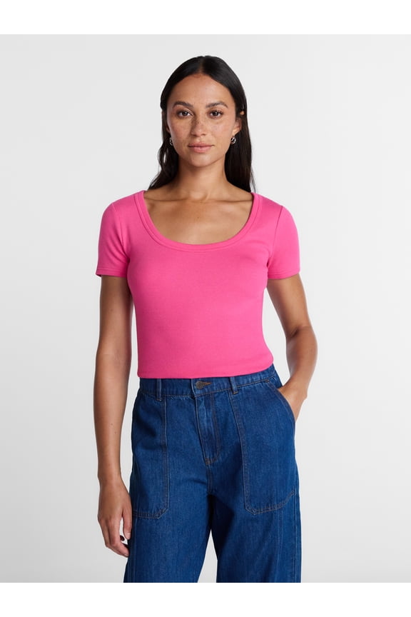 Women's Ribbed Scoop Neck Tee with Short Sleeves, Sizes XS-XXXL