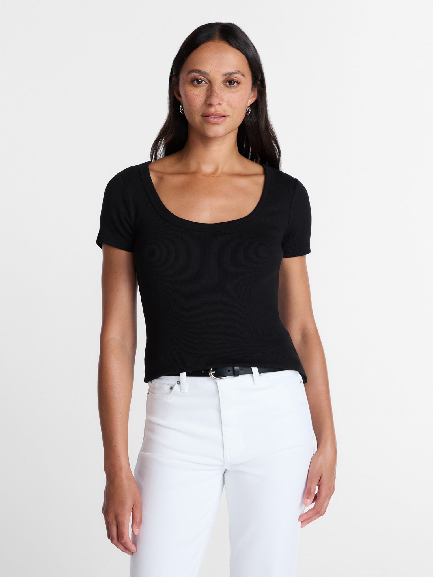 Time and Tru Women's Ribbed Scoop Neck Tee with Short Sleeves, Sizes XS-XXXL