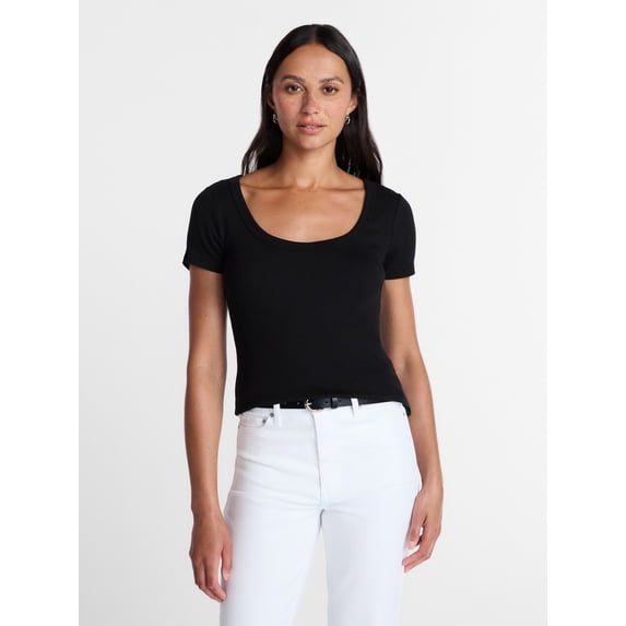 Time and Tru Women's Ribbed Scoop Neck Tee with Short Sleeves, Sizes XS-XXXL