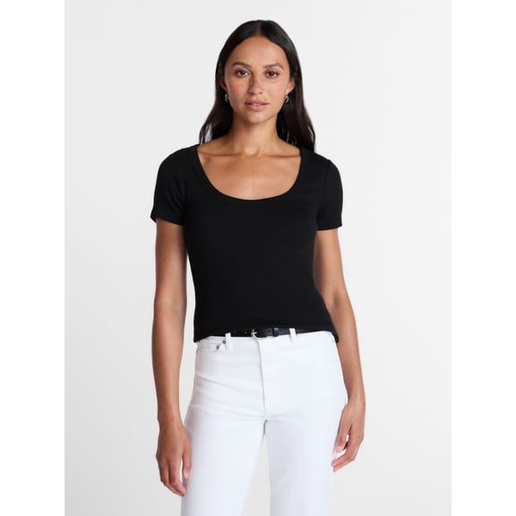 Time and Tru Women's Ribbed Scoop Neck Tee with Short Sleeves, Sizes XS-XXXL