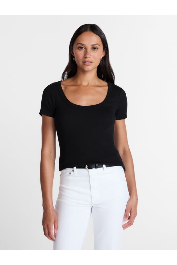 Women's Ribbed Scoop Neck Tee with Short Sleeves, Sizes XS-XXXL