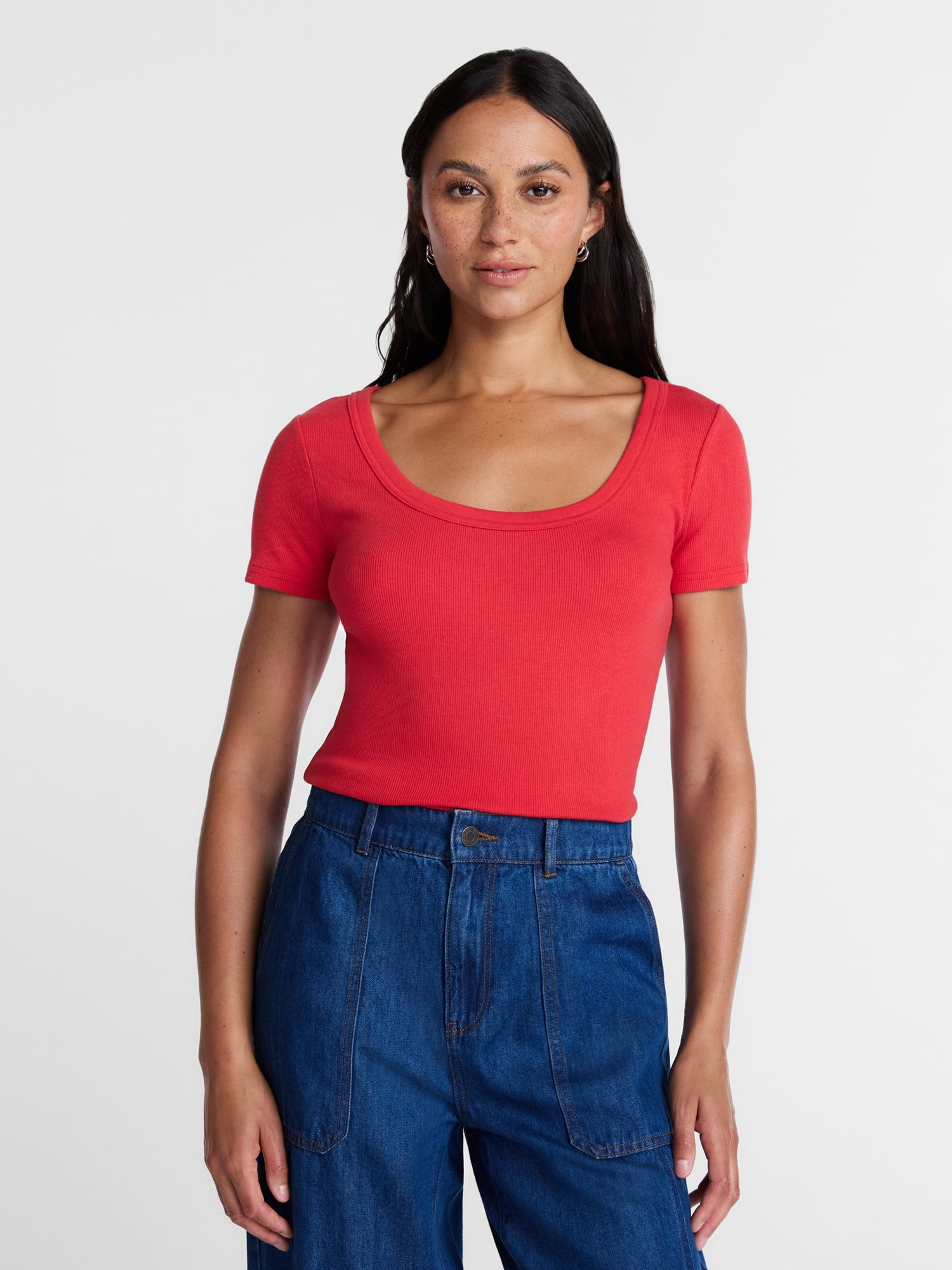 Time and Tru Women's Ribbed Scoop Neck Tee with Short Sleeves, Sizes XS-XXXL
