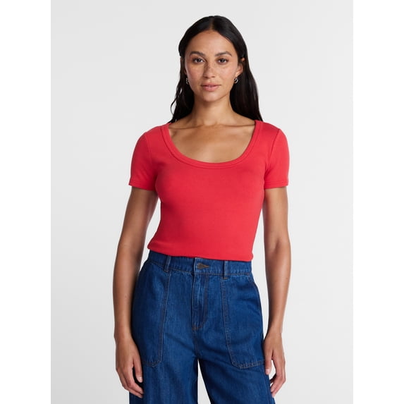 Time and Tru Women's Ribbed Scoop Neck Tee with Short Sleeves, Sizes XS-XXXL