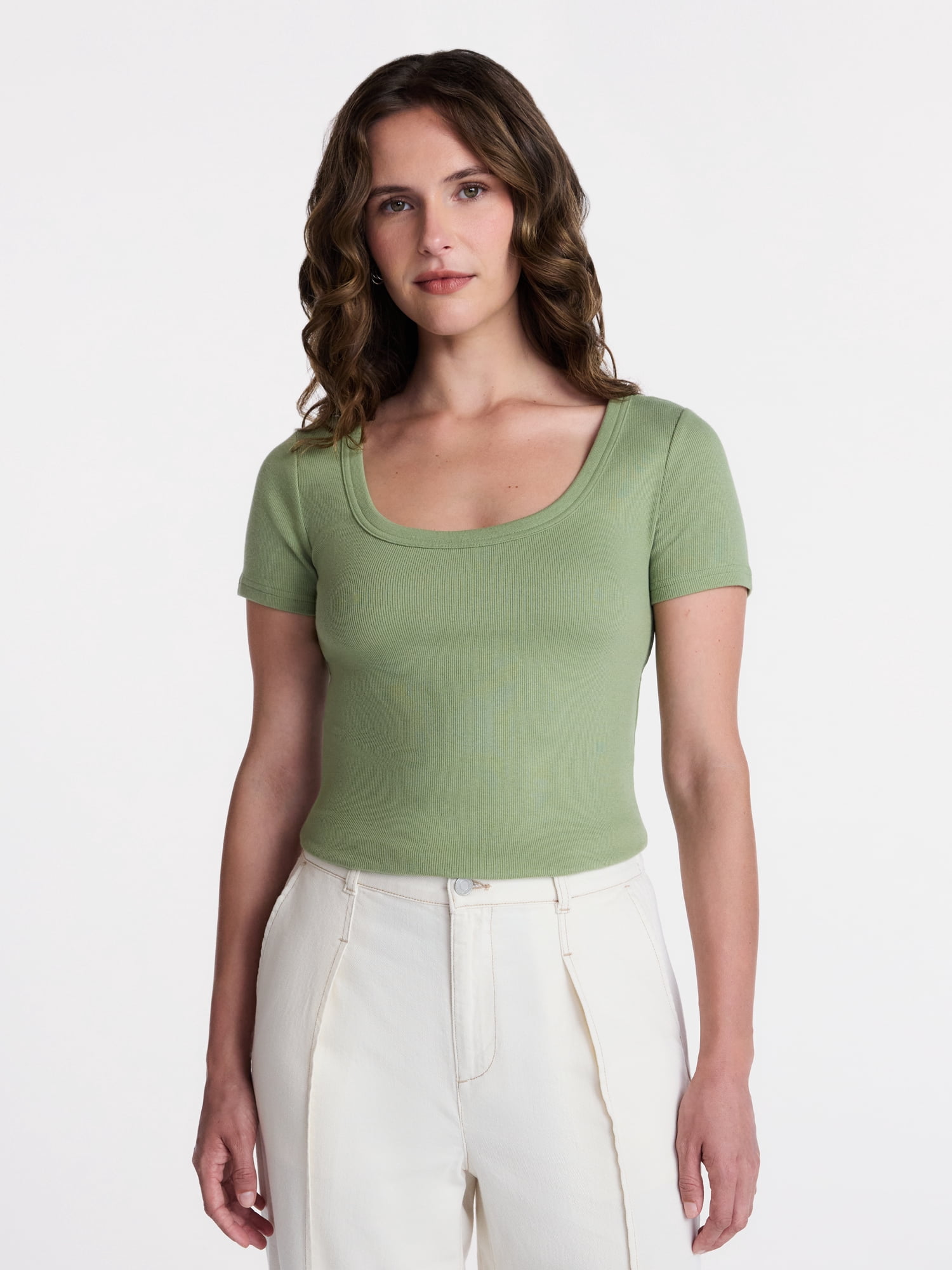 Time and Tru Women's Ribbed Scoop Neck Tee with Short Sleeves, Sizes XS-XXXL