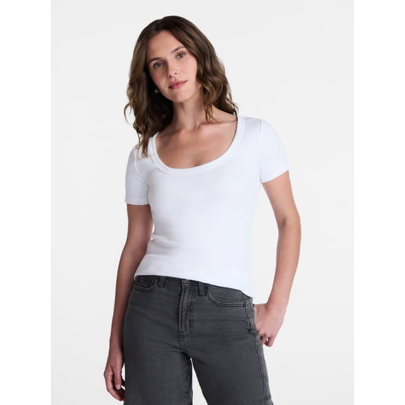 Time and Tru Women's Ribbed Scoop Neck Tee with Short Sleeves, Sizes XS-XXXL
