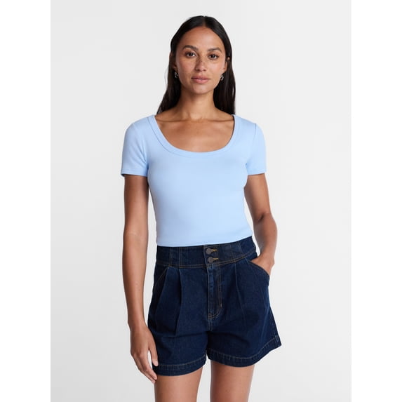 Time and Tru Women's Ribbed Scoop Neck Tee with Short Sleeves, Sizes XS-XXXL