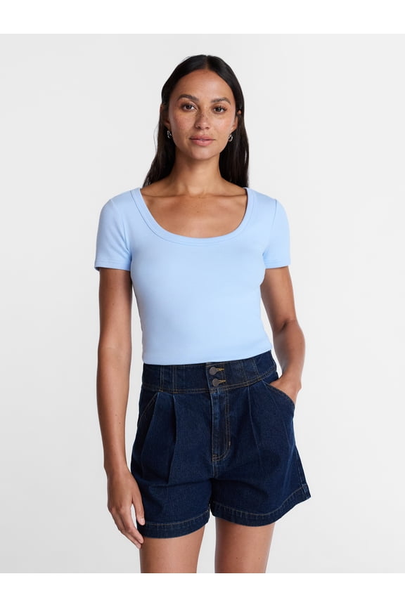 Women's Ribbed Scoop Neck Tee with Short Sleeves, Sizes XS-XXXL